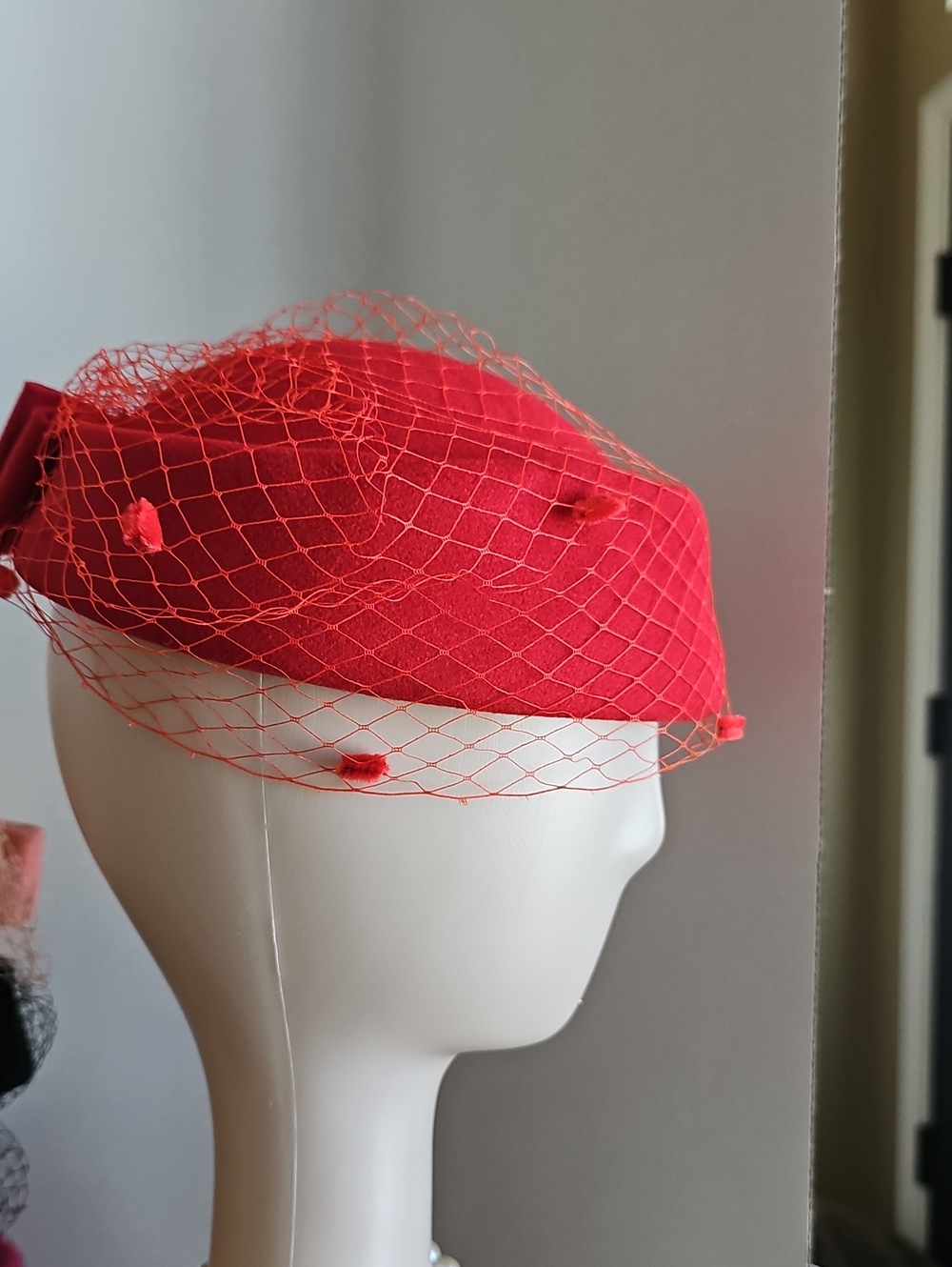 Beloved Millinery Red Wool Vintage Inspired British Pillbox Hat w/Birdcage Veil